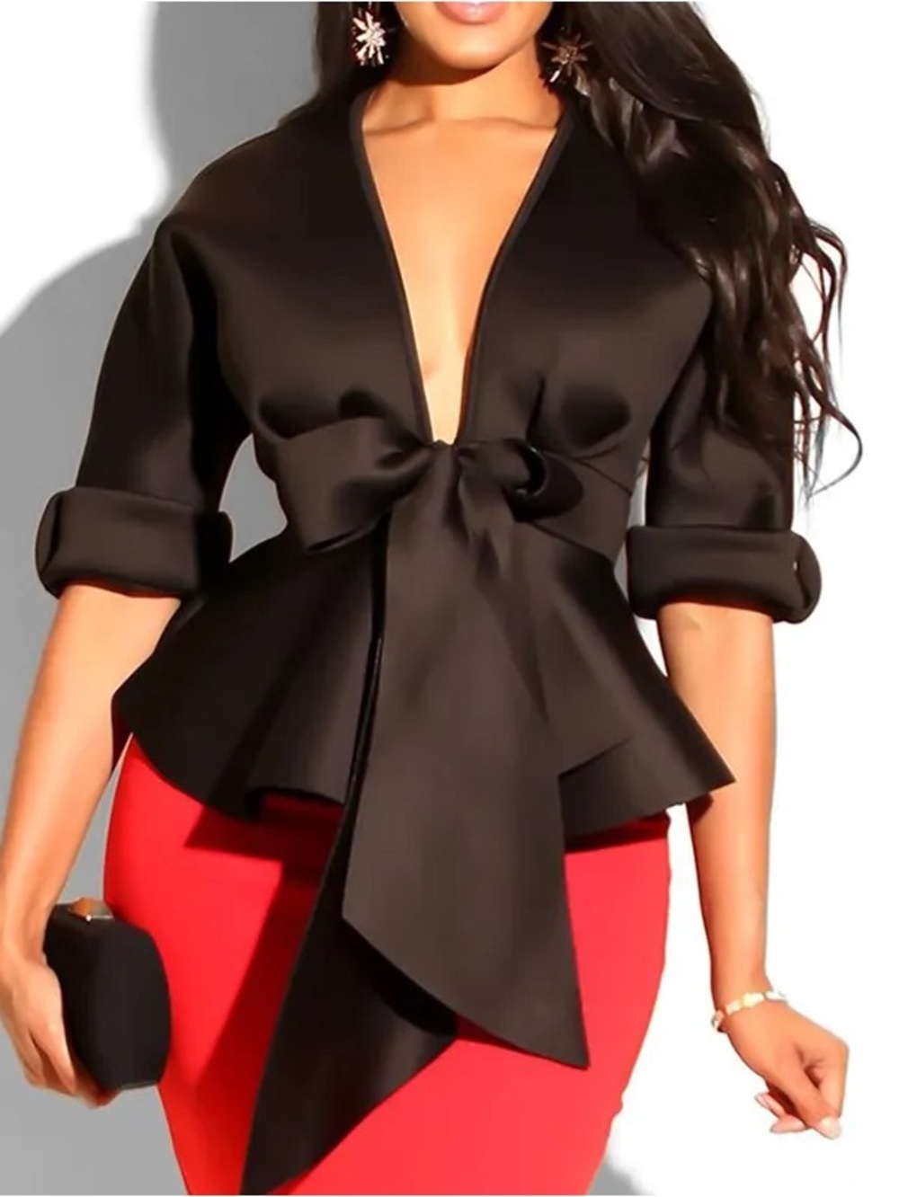 Black Peplum Tie-Front Women's Top